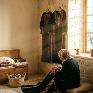 Artisan hand-embroidering a heritage thobe – Lamset Ebdaa