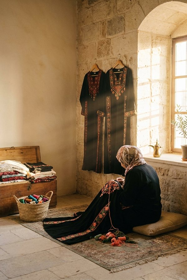 Artisan hand-embroidering a heritage thobe Artisan hand-embroidering a heritage thobe – Lamset Ebdaa