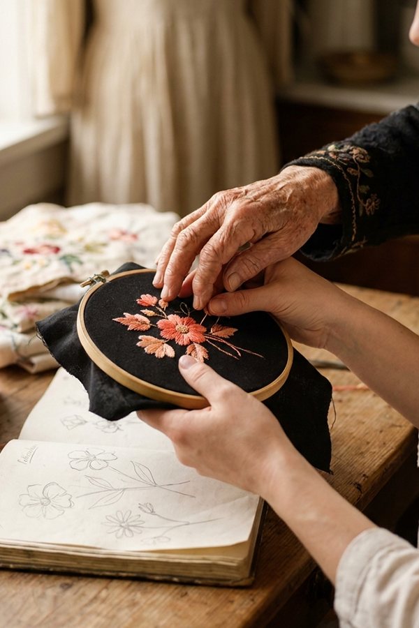 Hands embroidering a floral design on a hoop – Lamset Ebdaa